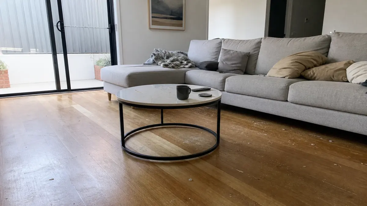 A lived-in living room before professional cleaning