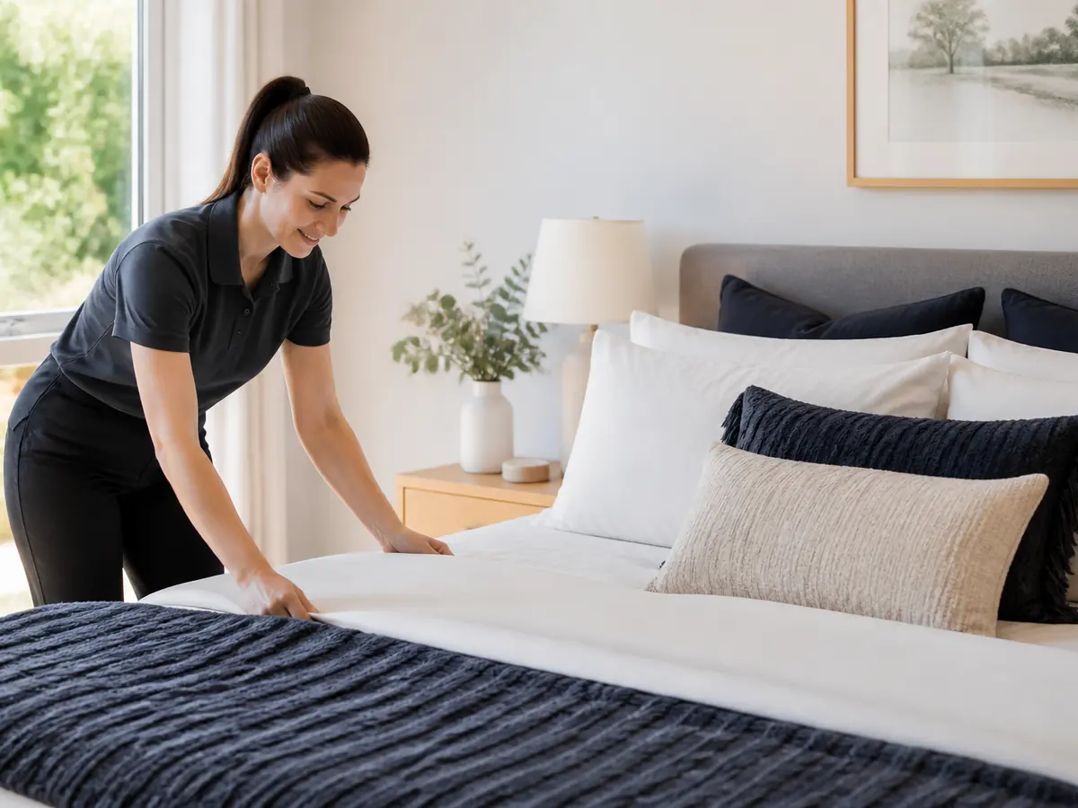 Cleaner making a bed during a regular home clean